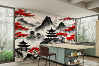 A wall mural of a pagoda with floral elements.

