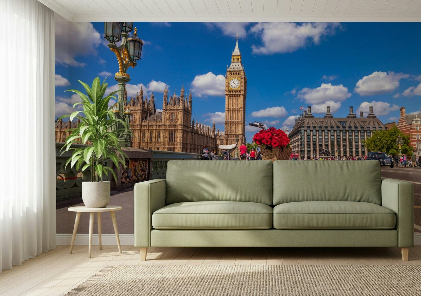 Clock Tower, antique lamps, Red Blooms in London wall art design.