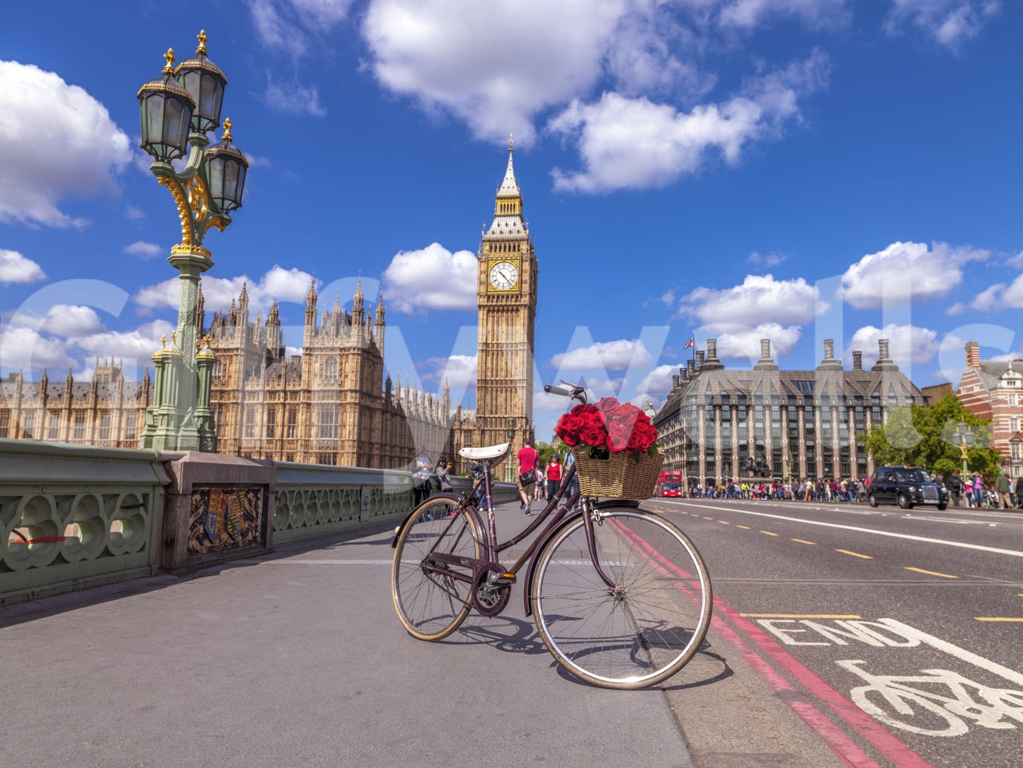 Bright sky London bridge artwork Red Blooms in London wall mural.