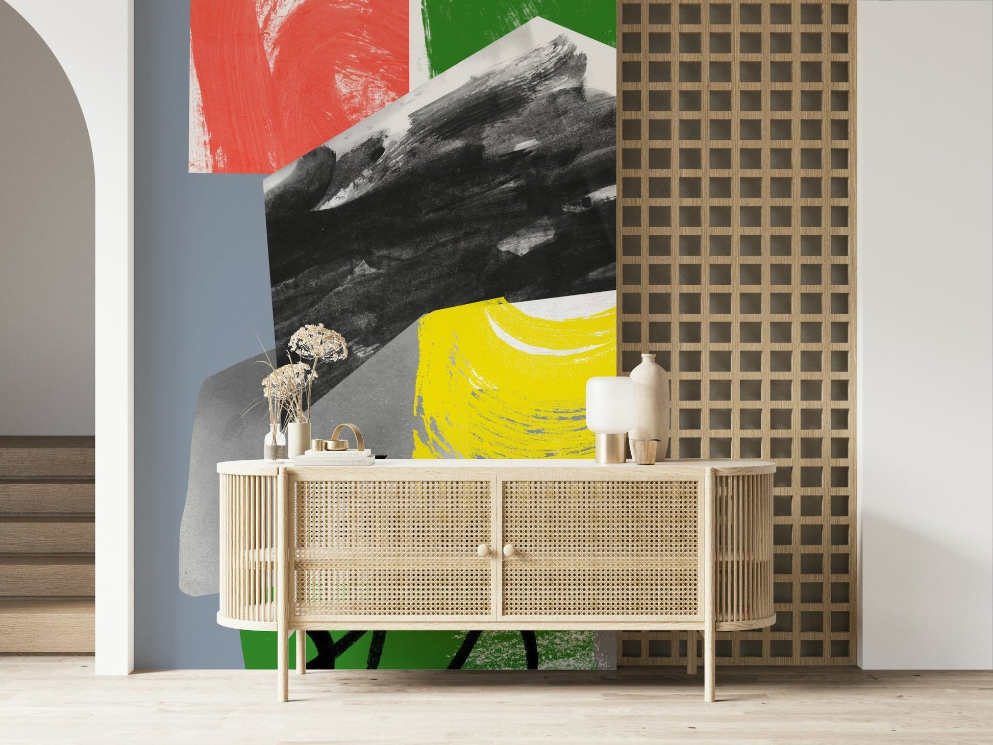 A vibrant abstract wallpaper blending sweeping black paint with bright red, blue, green, and yellow accents.