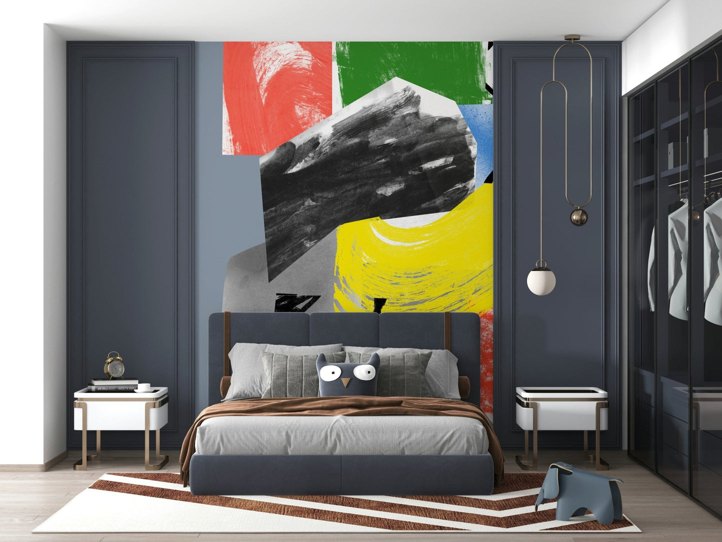 An abstract wallpaper featuring bold red, blue, green, yellow, and black brushstrokes in a dynamic modern composition.
