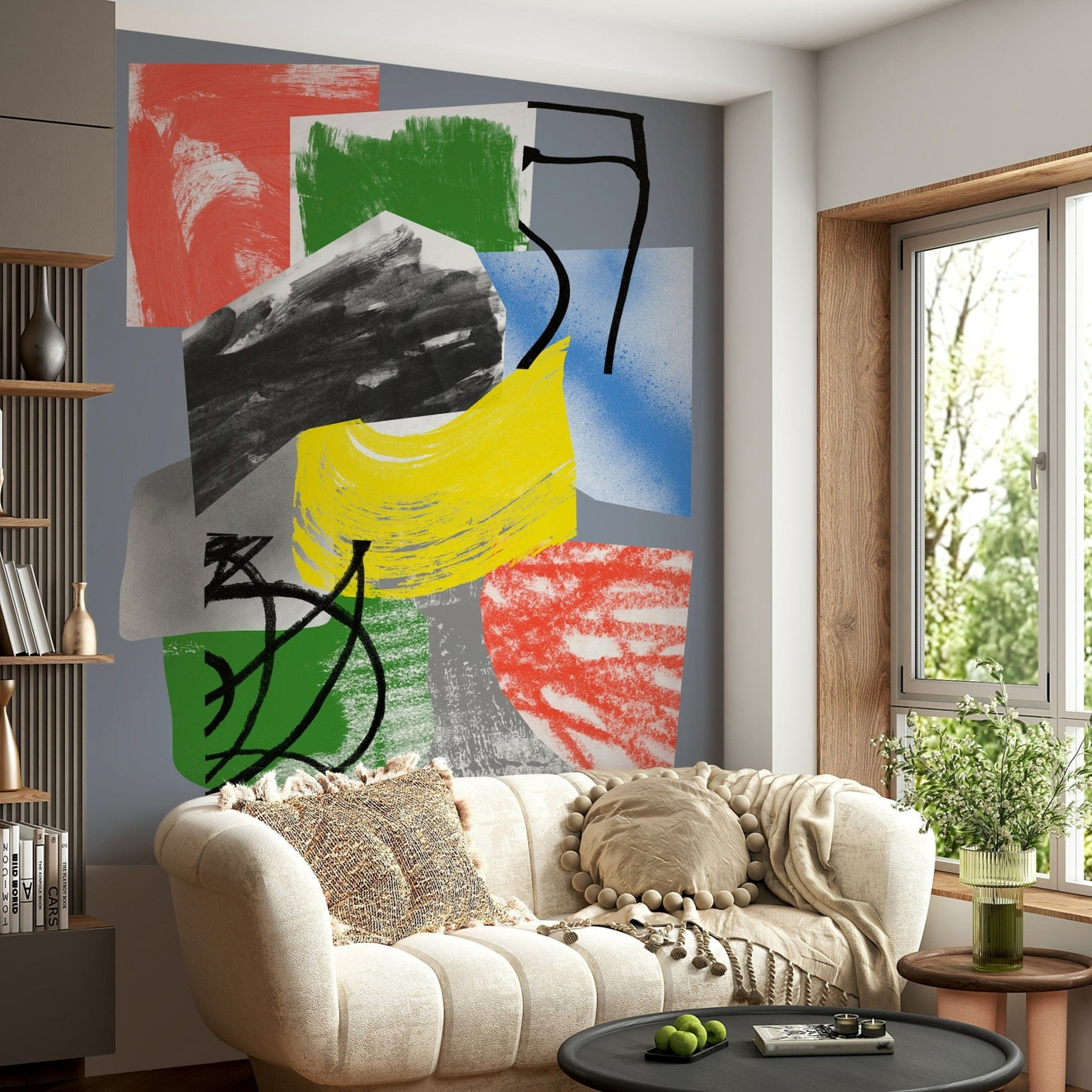 Color-blocked wallpaper with expressive strokes of red, blue, green, and yellow layered over textured shapes.