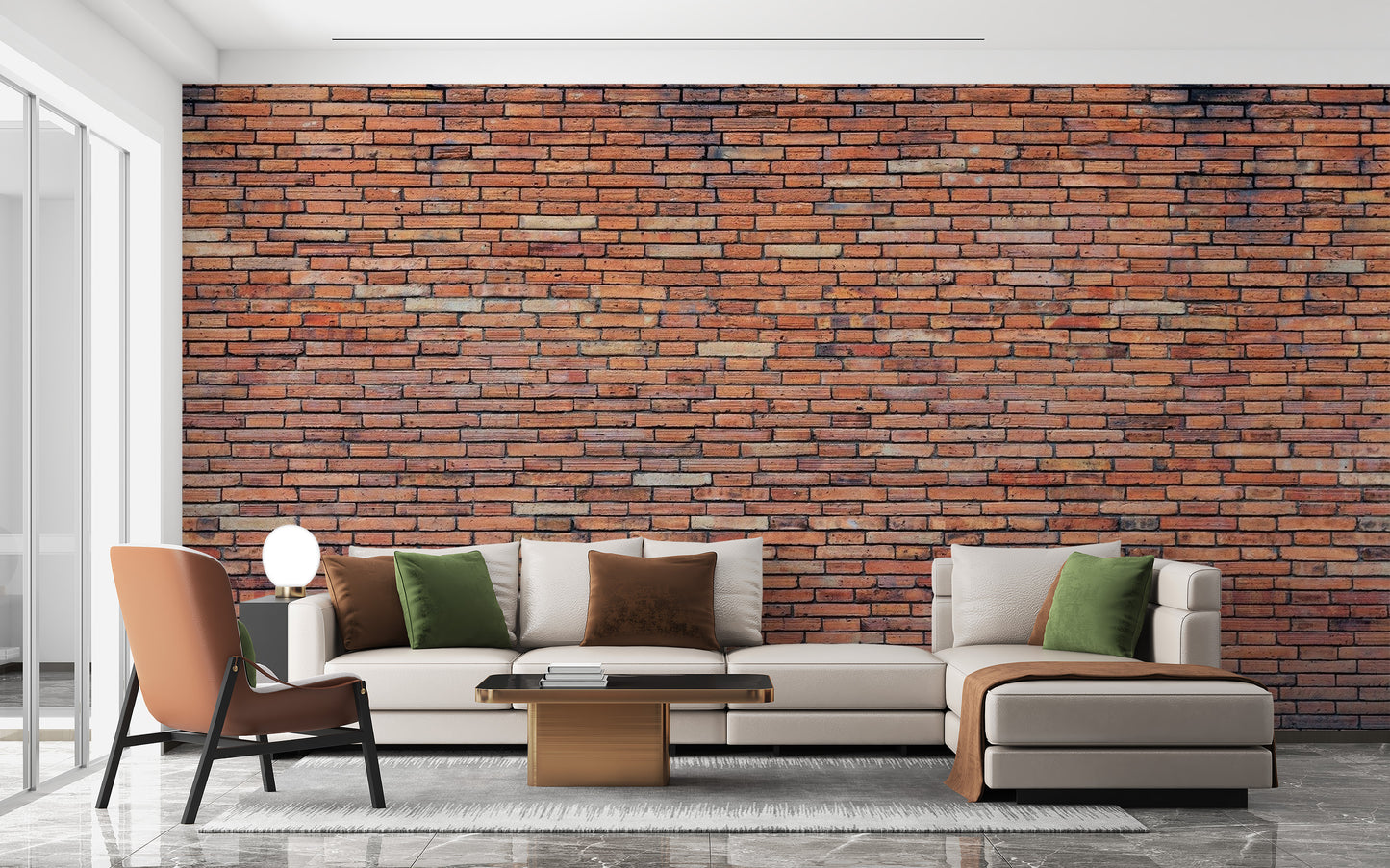 Vintage red brick wallpaper mural with white scuffs.