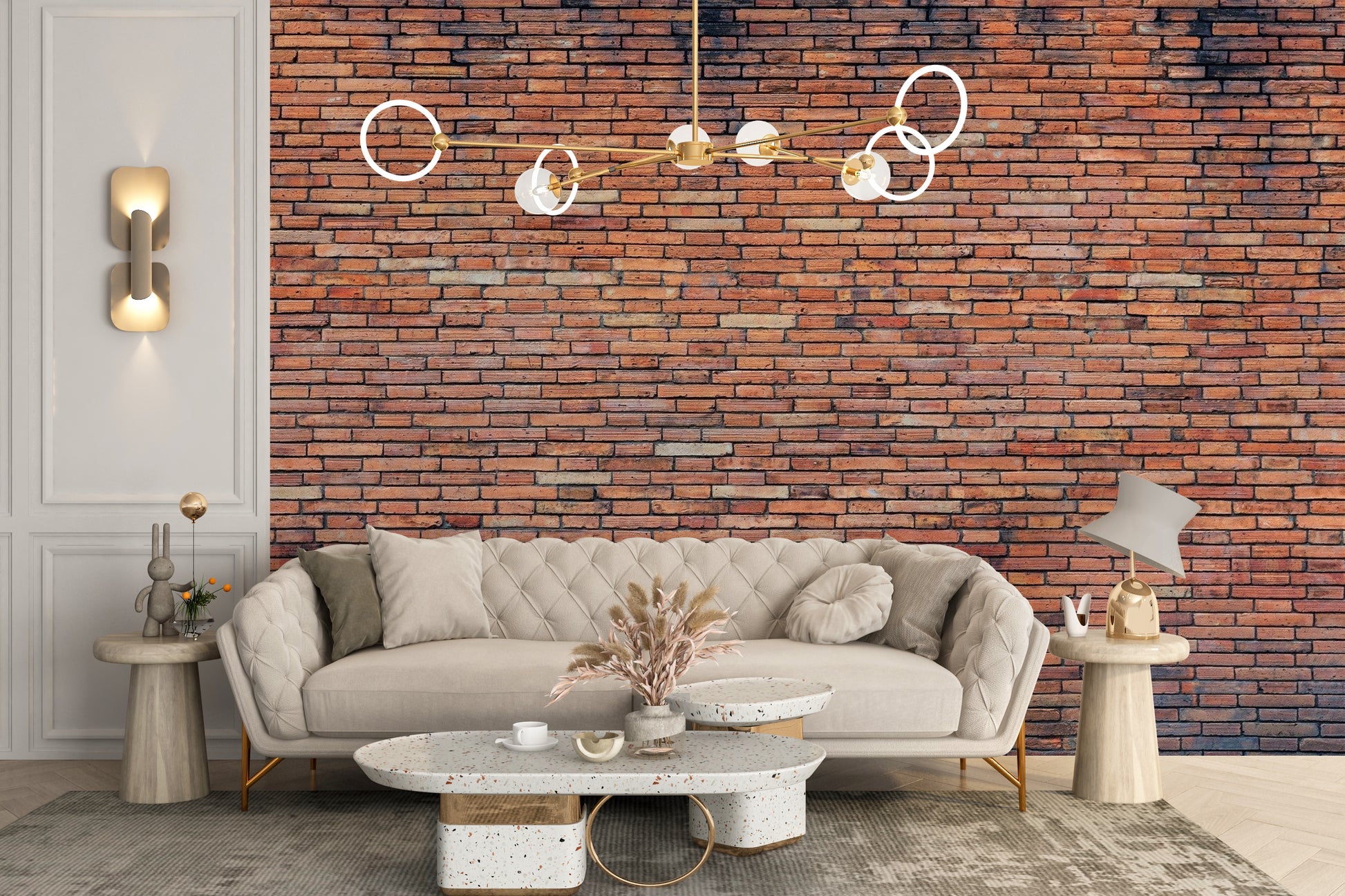 Textured rust brick wallpaper for a basement bar.