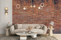 Textured rust brick wallpaper for a basement bar.