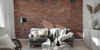 Realistic exposed brick wallpaper in deep ruby.