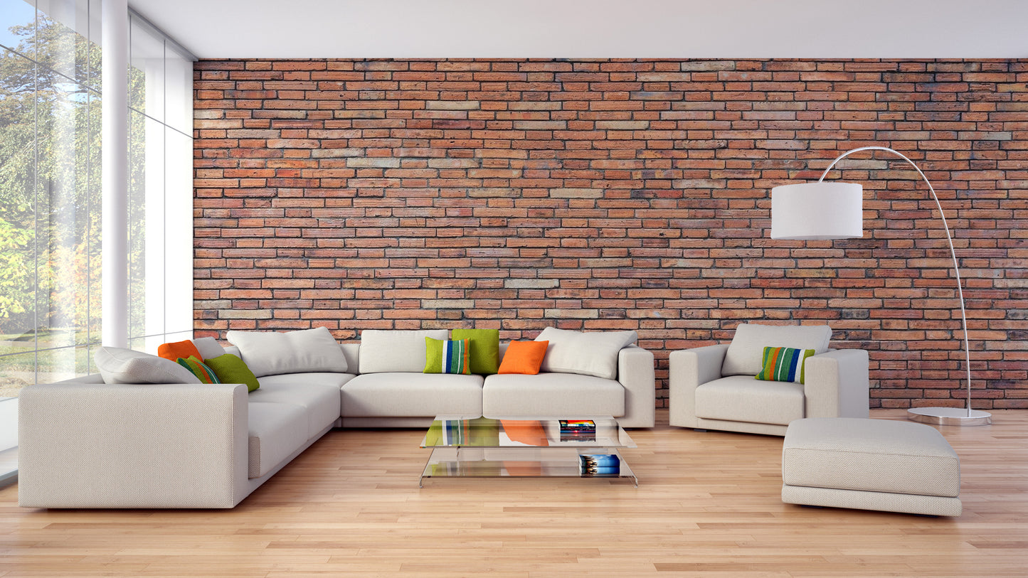 Rustic terracotta brick wallpaper with aged texture.