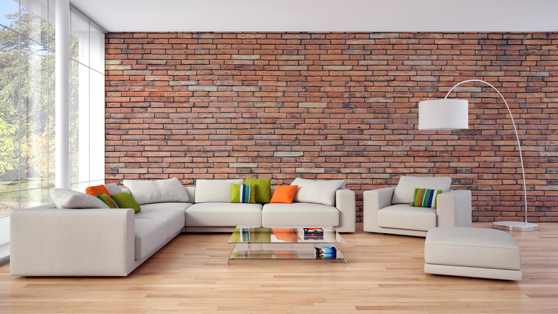 Rustic terracotta brick wallpaper with aged texture.
