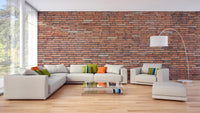 Rustic terracotta brick wallpaper with aged texture.