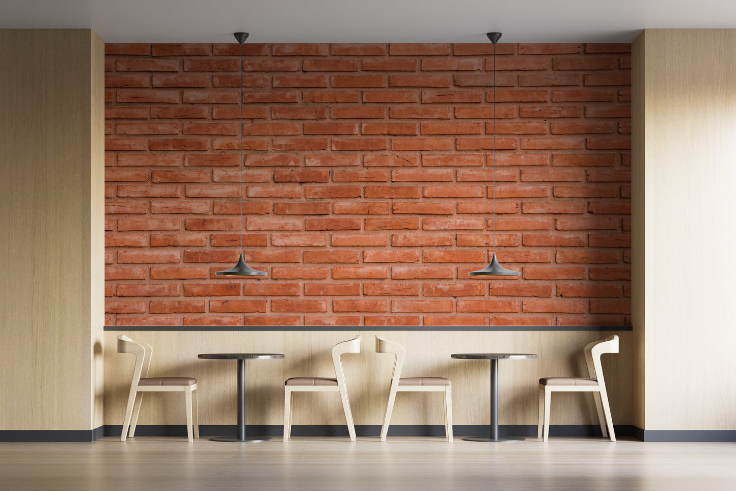 Traditional red clay brick wallpaper in a cafe area with warm lighting.