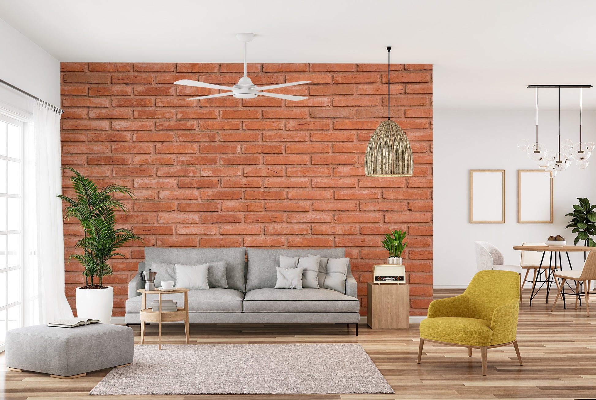 Urban loft style red brick mural in a hallway with wooden cabinets.