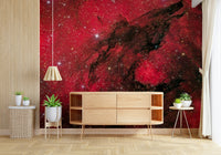 Cosmic Ember wallpaper mural with red nebula above a wood console table and potted plants in an entryway