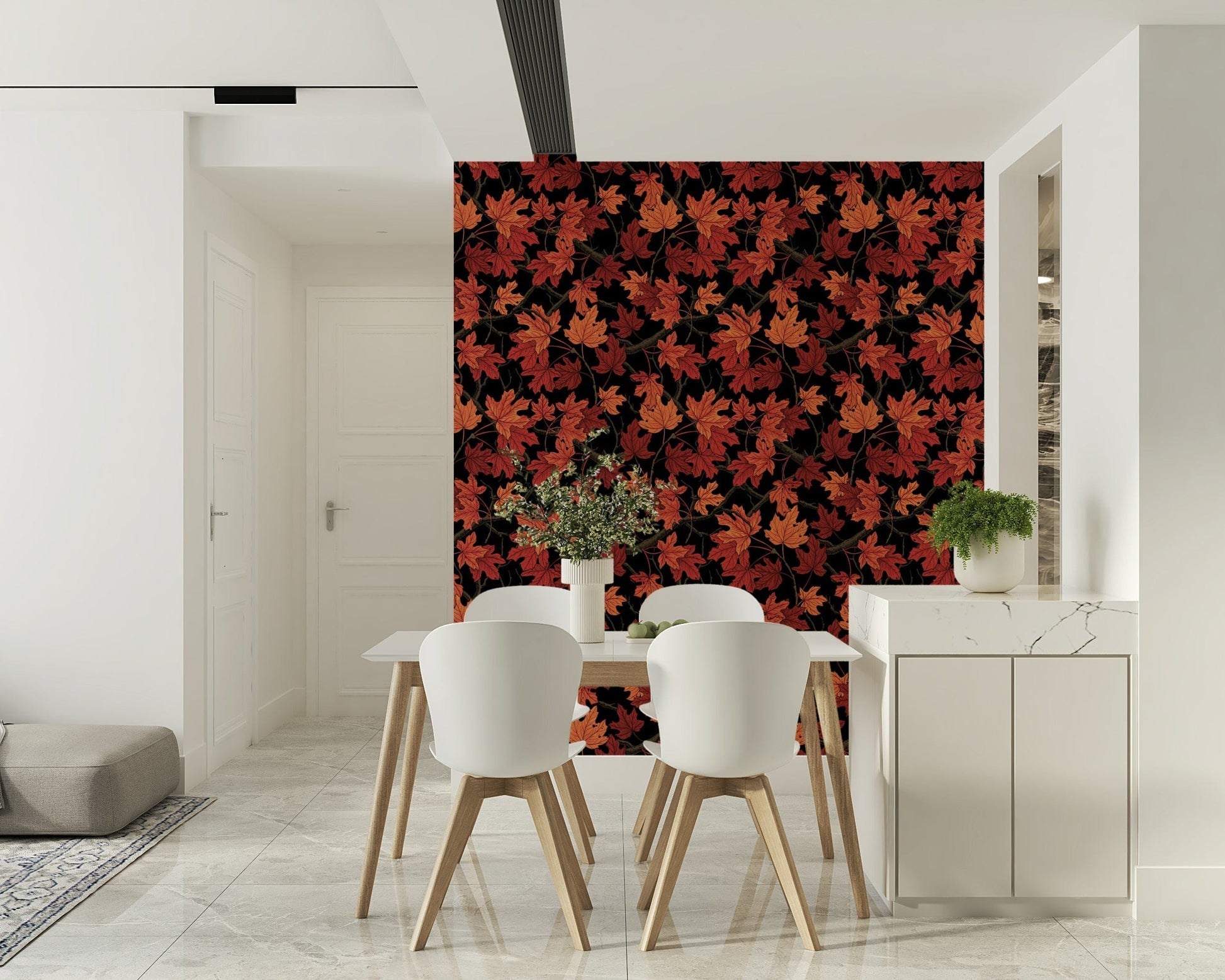 Red Maple Leaves on Dark Wallpaper – Elegant mural with scattered autumn foliage in vivid red hues over black.