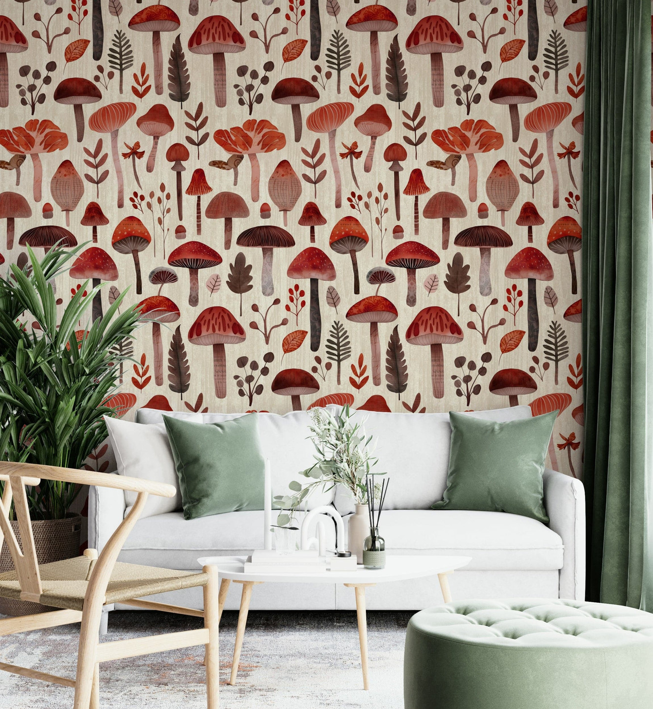 The mushrooms are drawn in a hand-painted, watercolor style with red caps and white stems.
