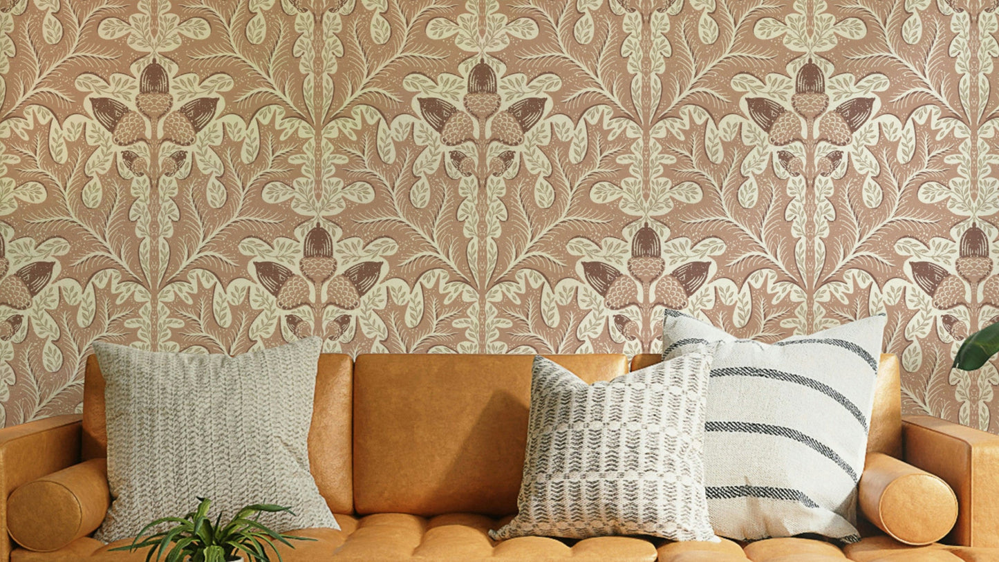 Red oak damask wallpaper with classic pattern


