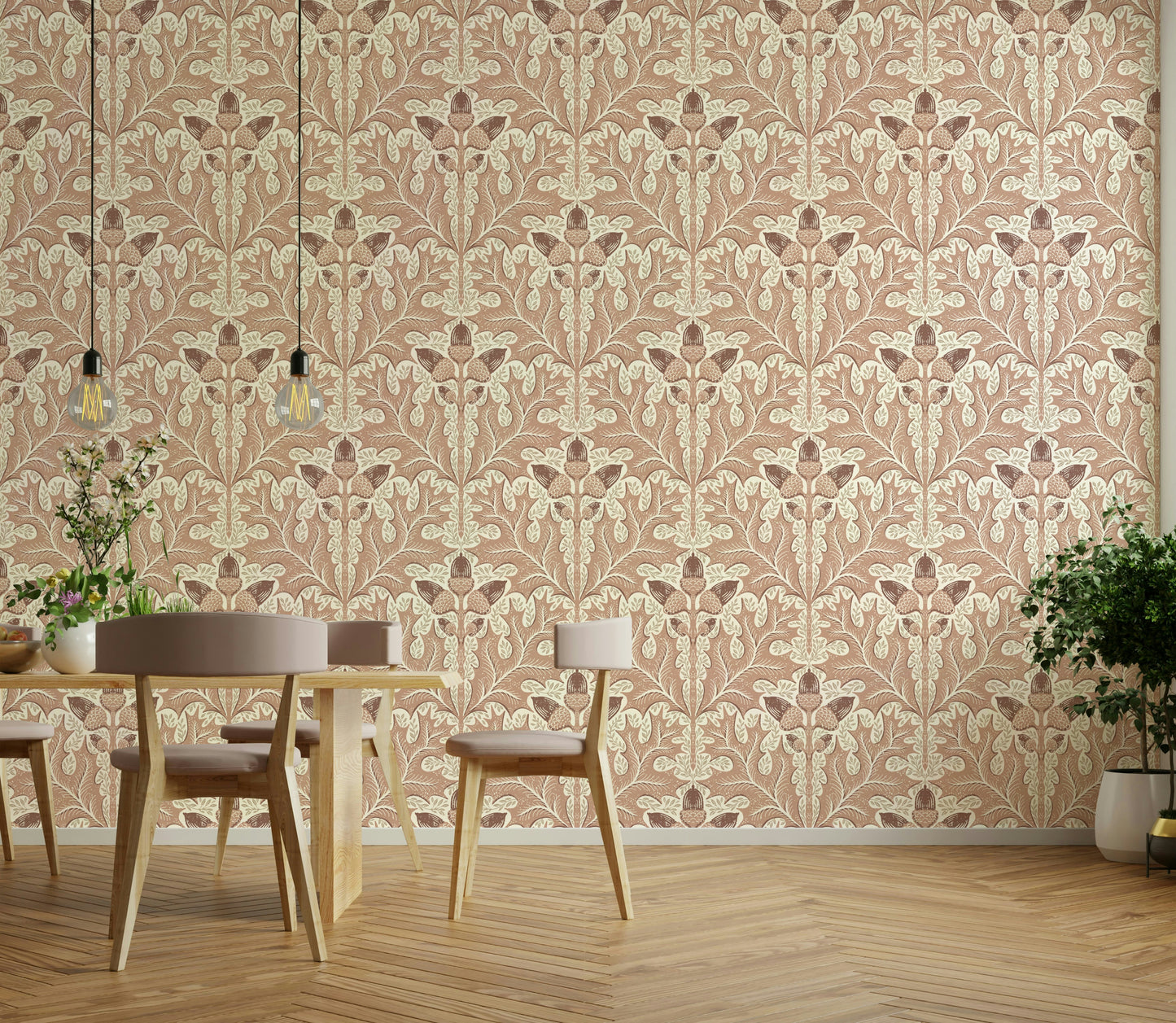 Red oak decorative wallpaper with classic flourish

