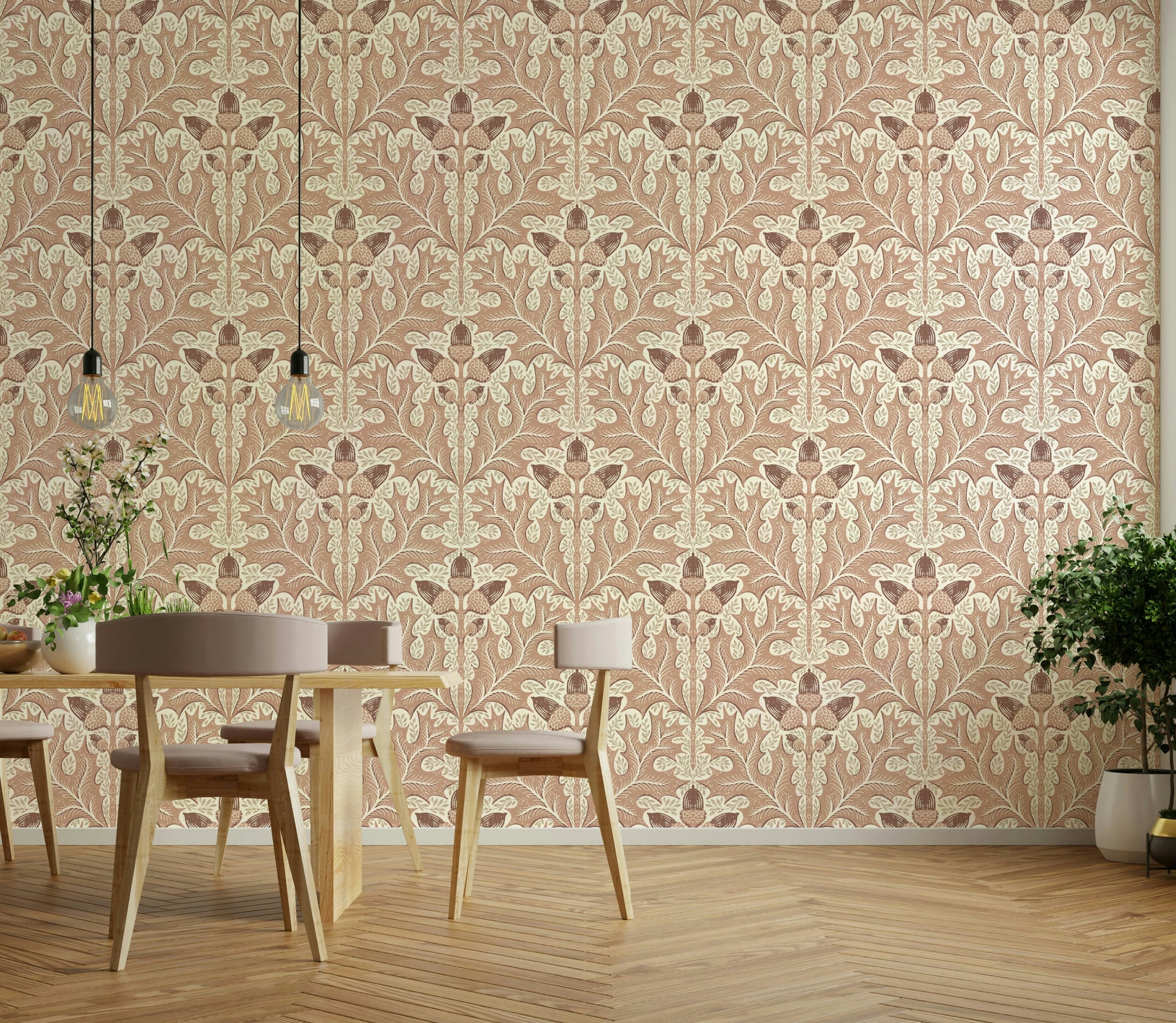Red oak decorative wallpaper with classic flourish


