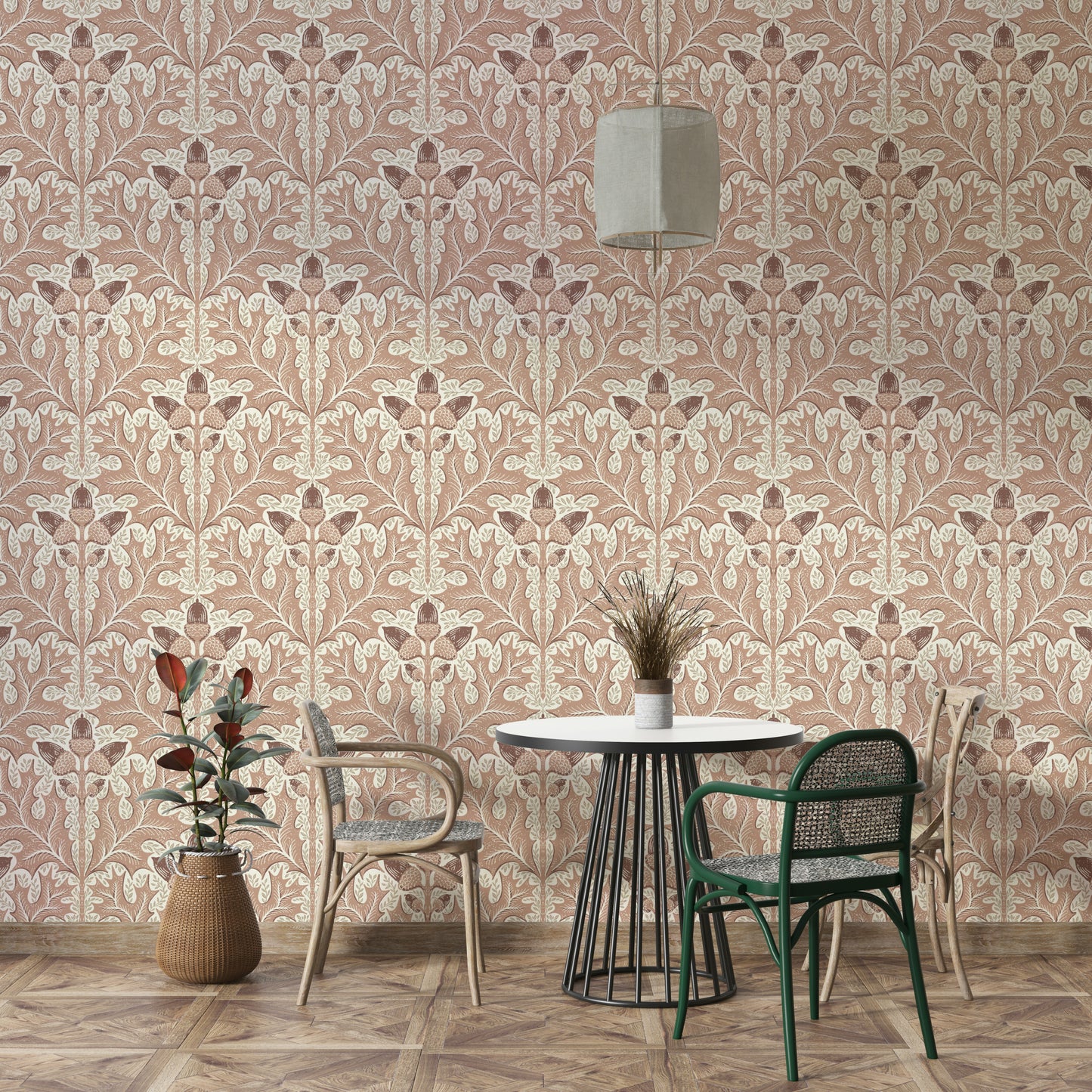 Traditional red damask wallpaper with oak motifs

