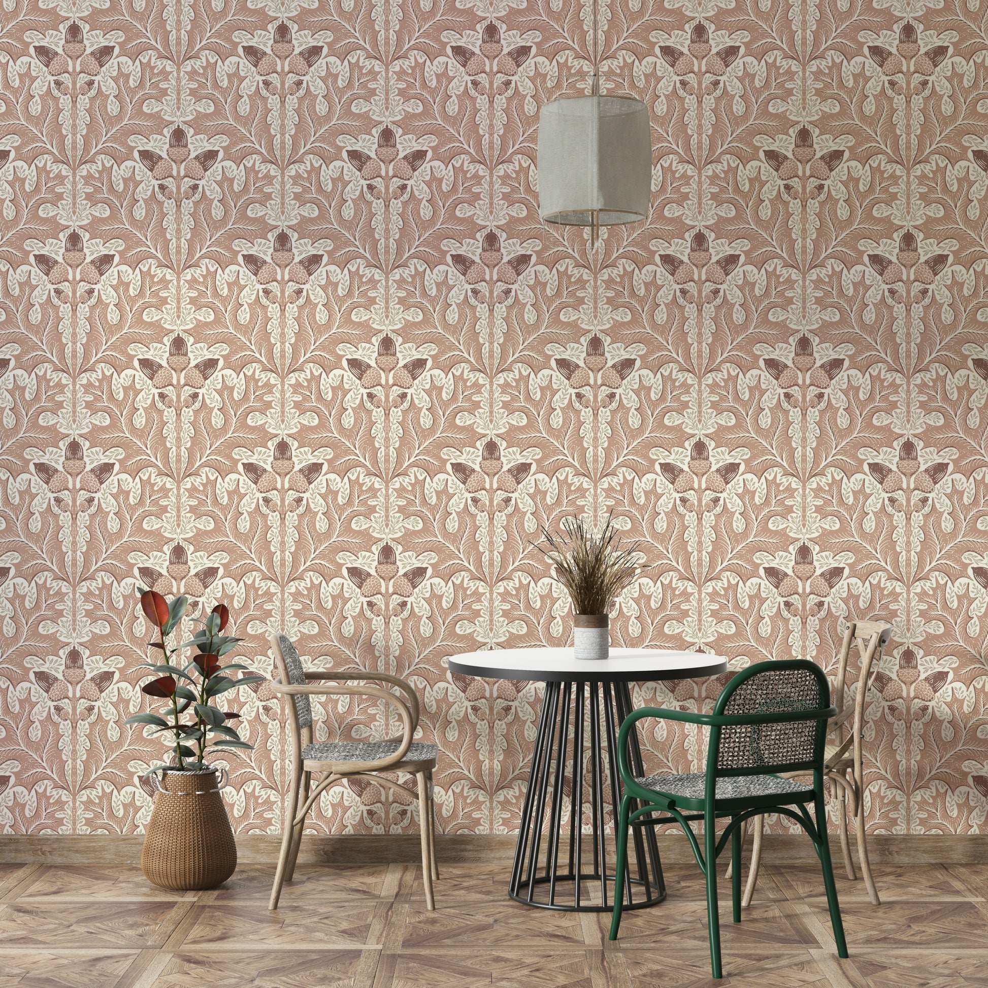 Traditional red damask wallpaper with oak motifs

