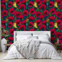 Lush botanical wallpaper in red and deep blue tones

