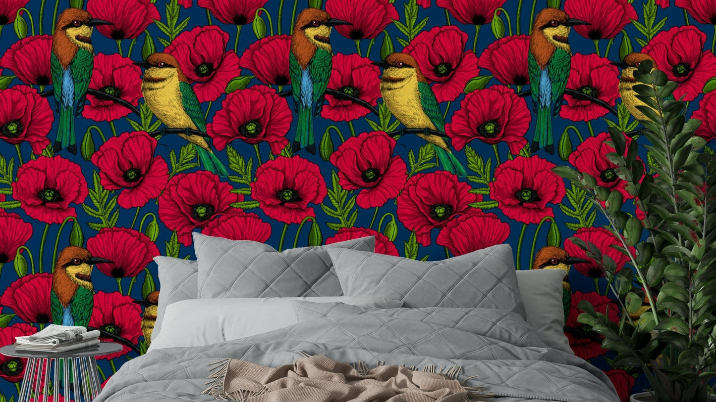 Red poppies and bee-eaters wallpaper on dark blue

