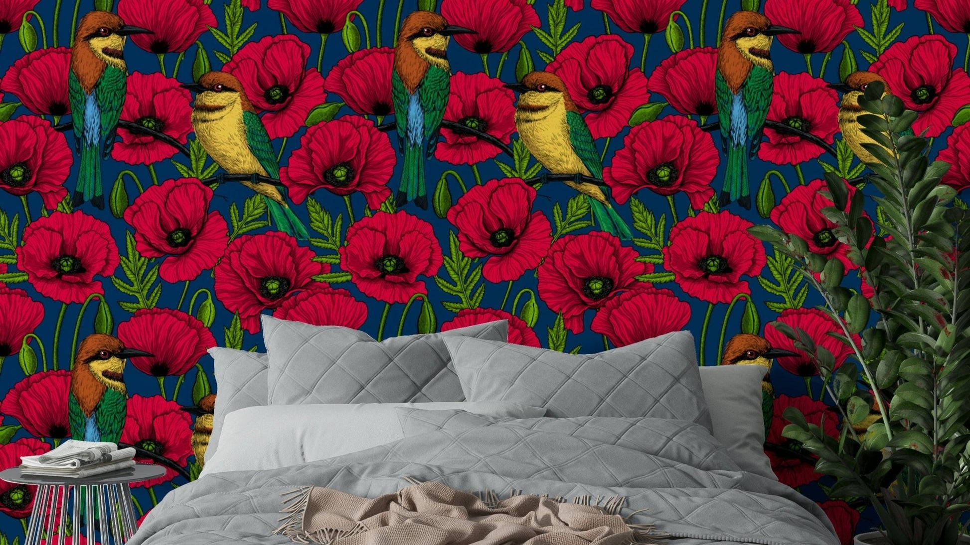 Red poppies and bee-eaters wallpaper on dark blue


