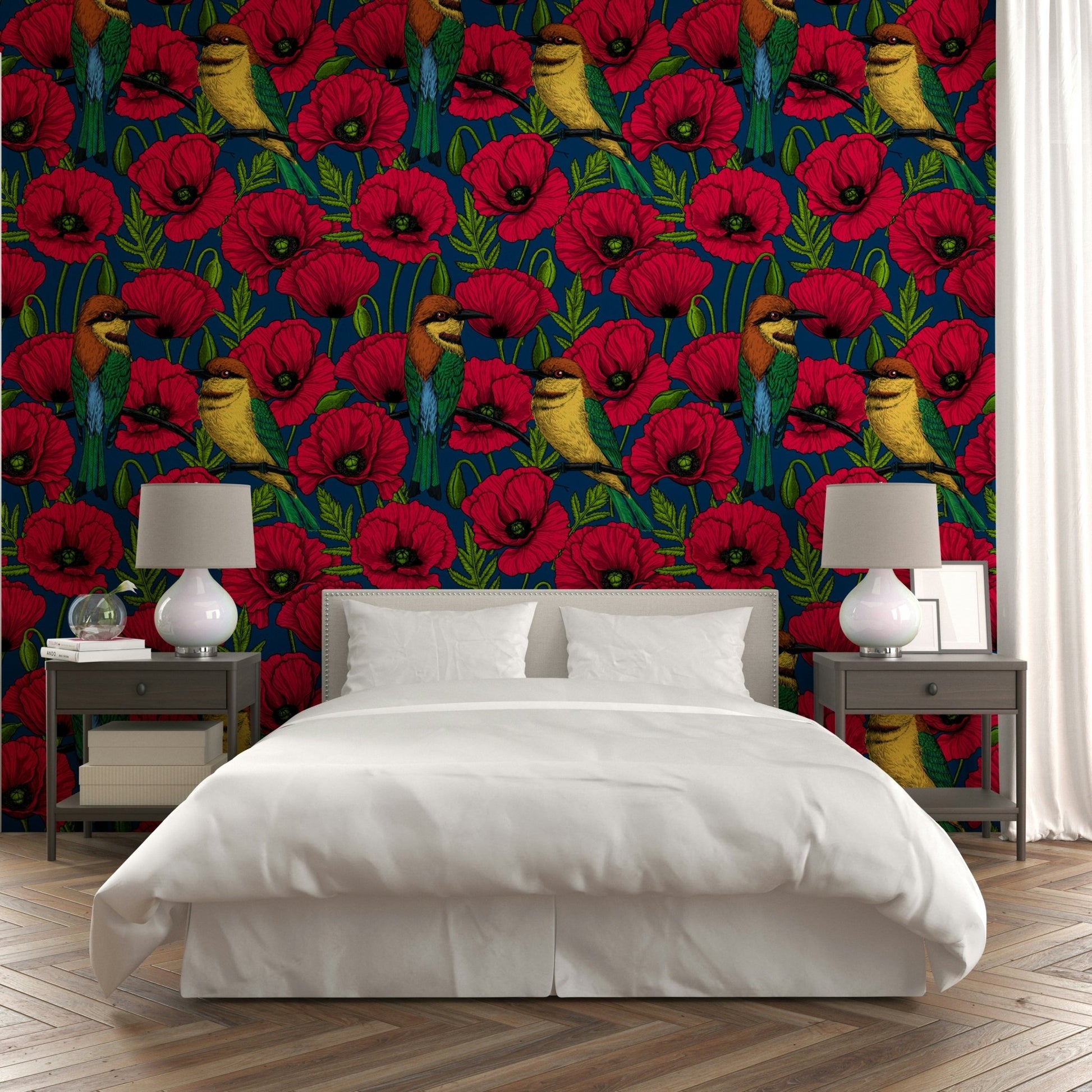 Bee-eater birds and red poppies on navy backdrop

