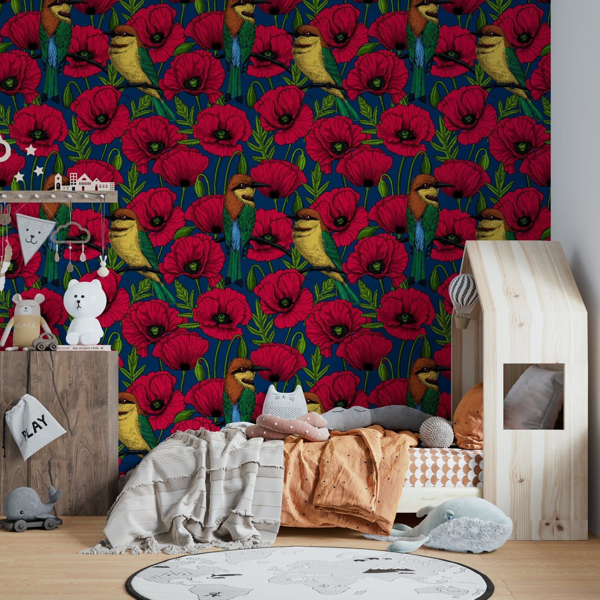 Botanical design wallpaper with red flowers and birds

