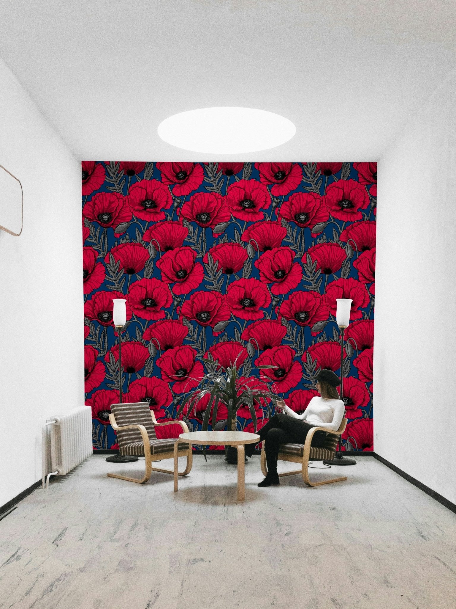 Dark blue wallpaper with vibrant red poppy flowers


