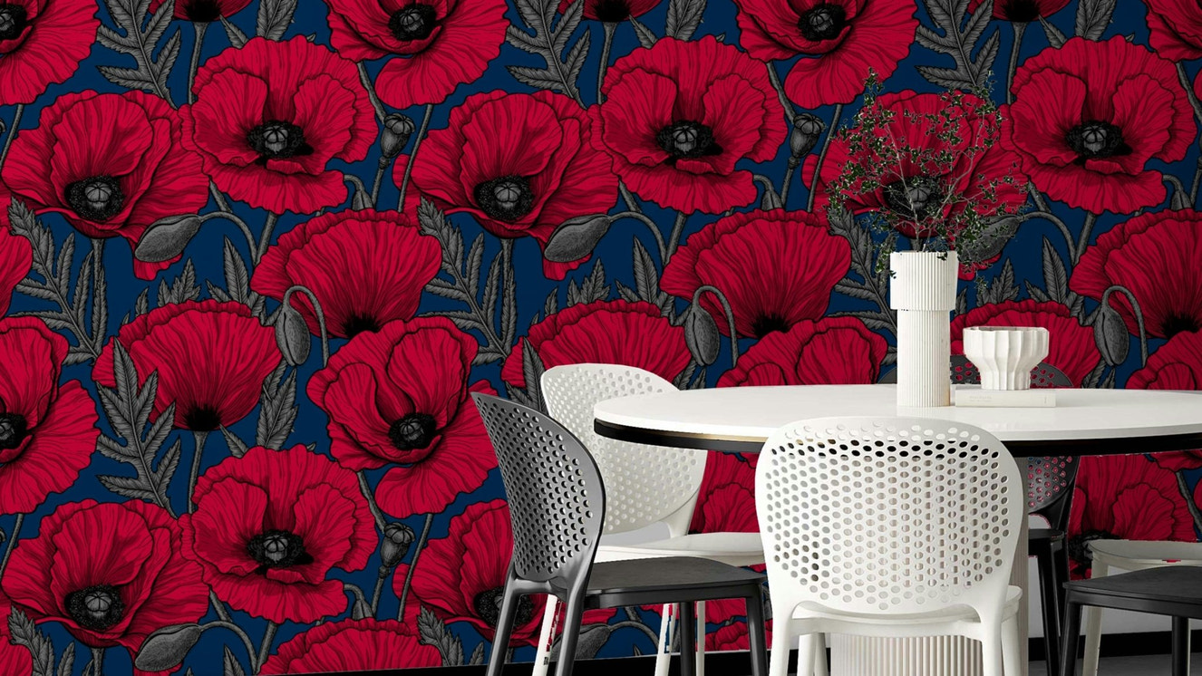 Floral wallpaper with red poppies on dark blue background

