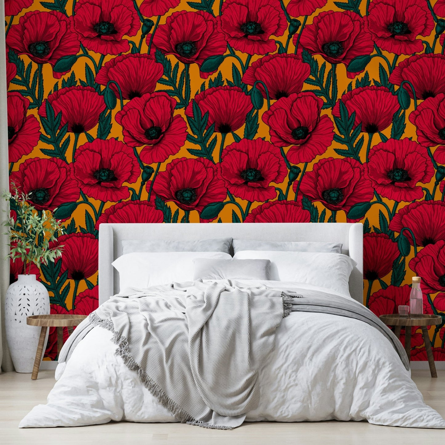 Red poppy floral wallpaper on orange for a bright atmosphere


