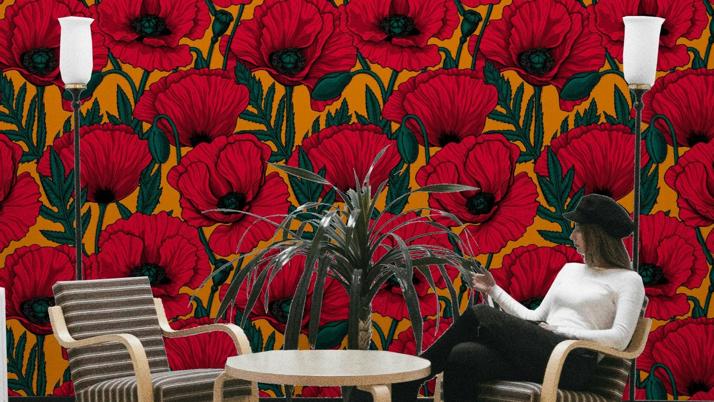 Red poppies on orange wallpaper creating a bold statement

