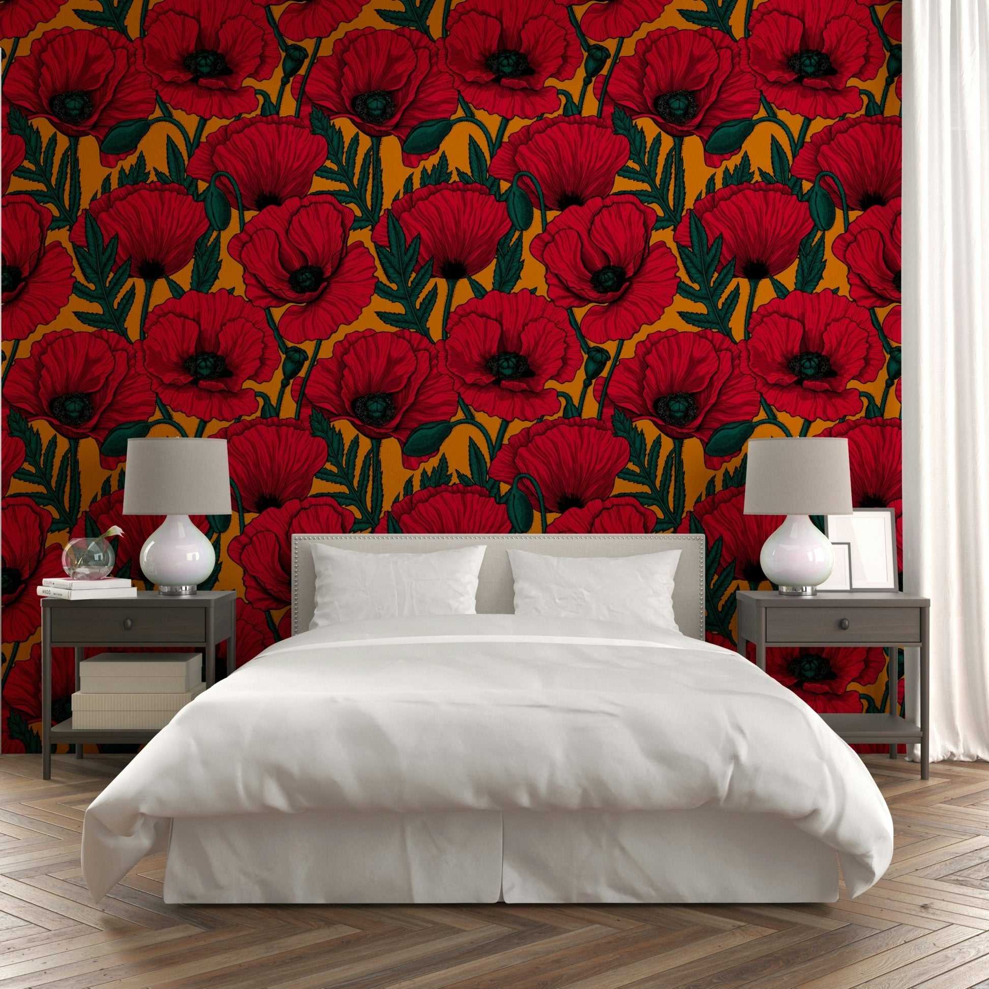 Bright red poppies on orange wallpaper design

