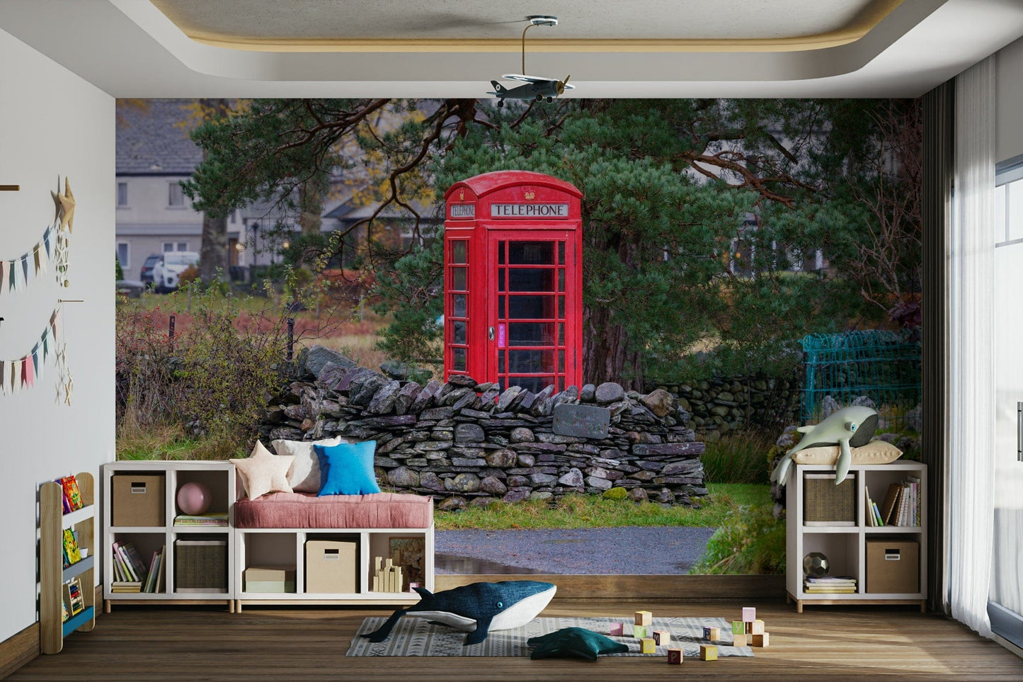 A bedroom with the London mural behind the headboard.

