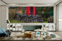 A close-up of the textured details on the red telephone box.

