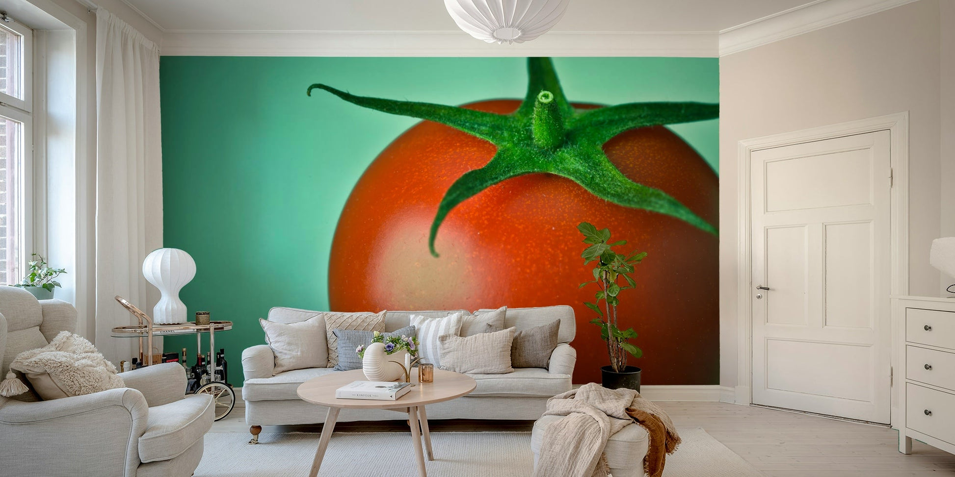 Farm-inspired red tomato wall mural for dining rooms

