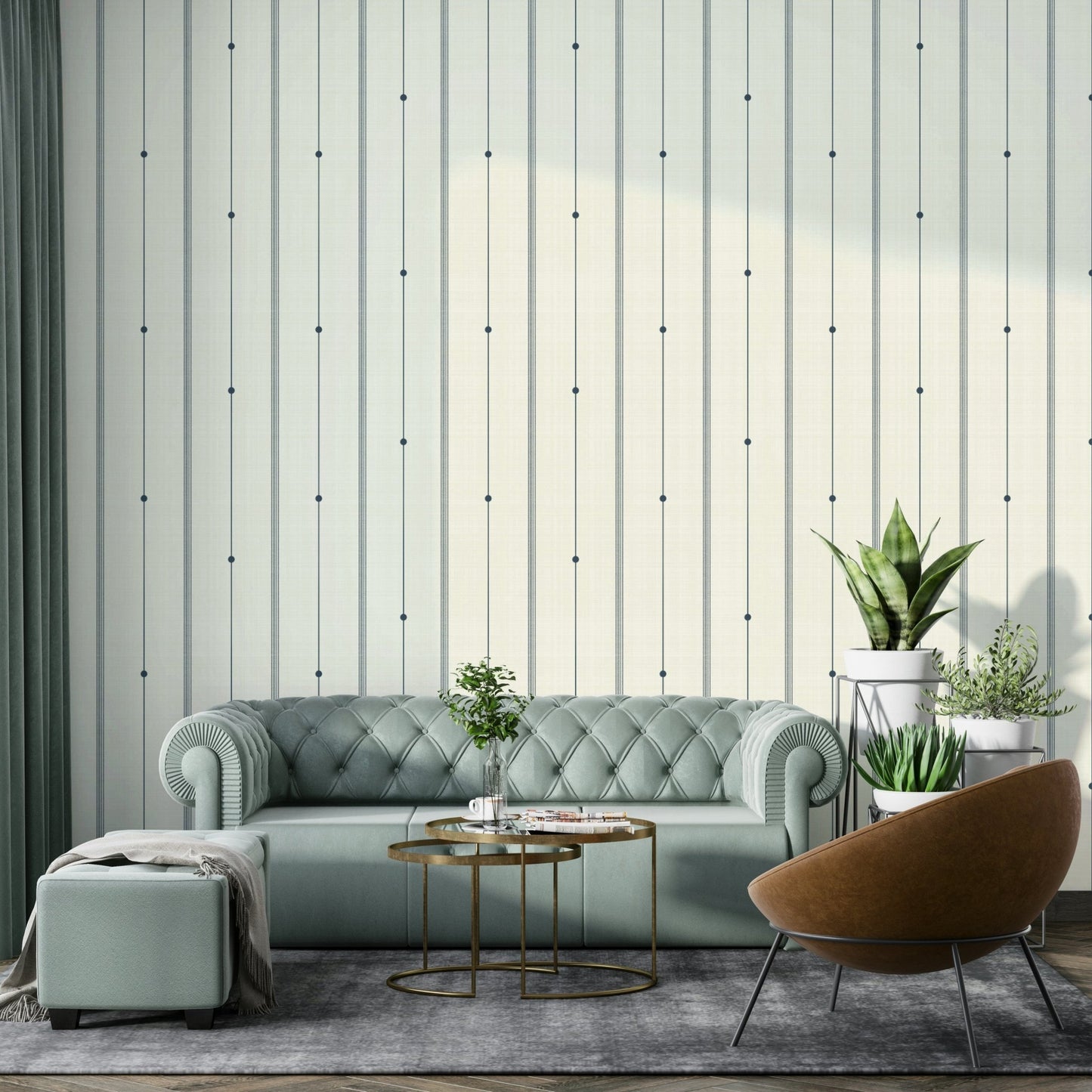 Elegant buttercream and blue striped wallpaper design

