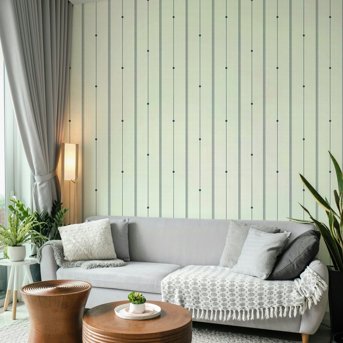 Elegant wallpaper with minimal stripes in buttercream and blue

