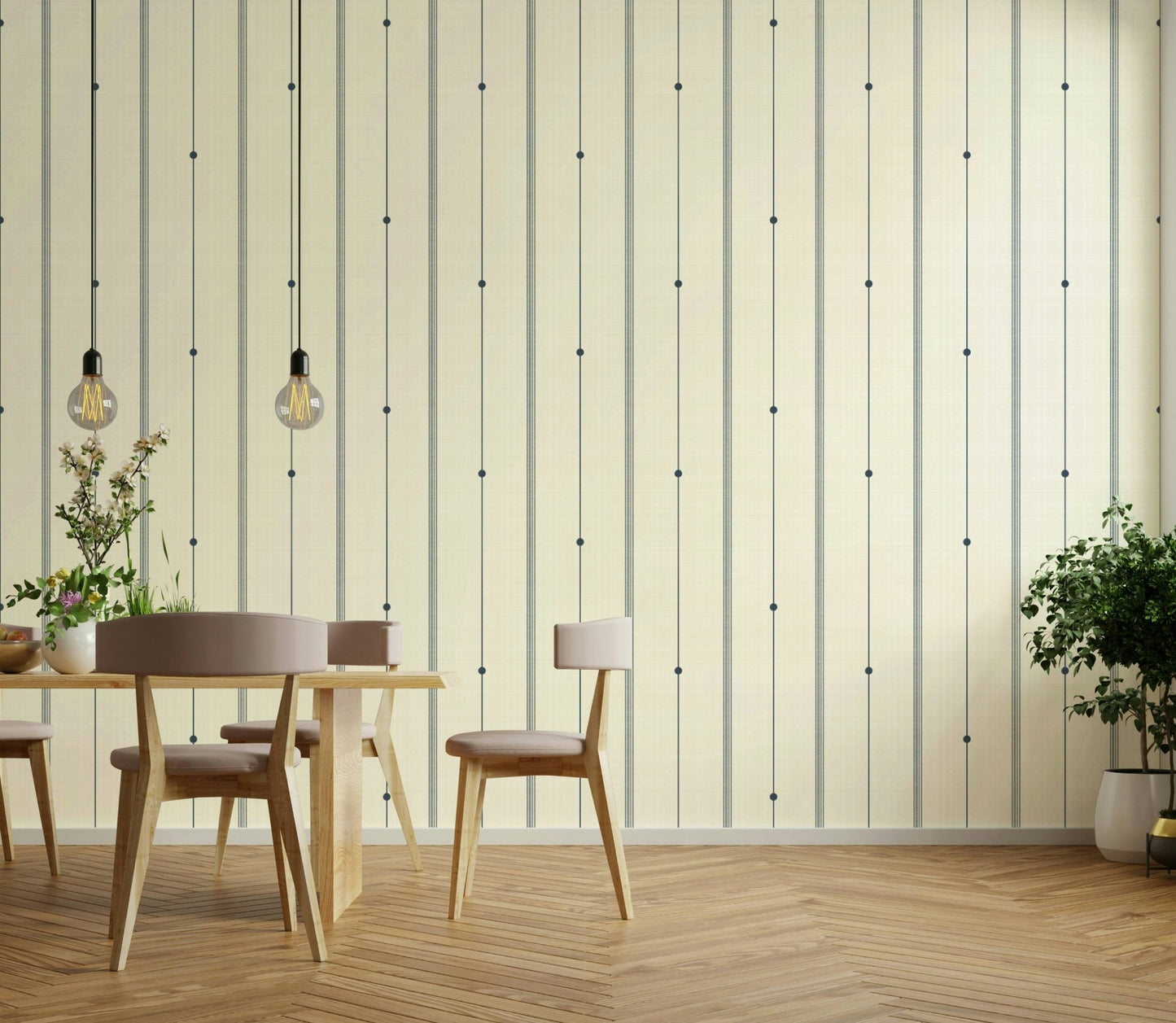 Subtle buttercream and blue stripes in minimalist wallpaper


