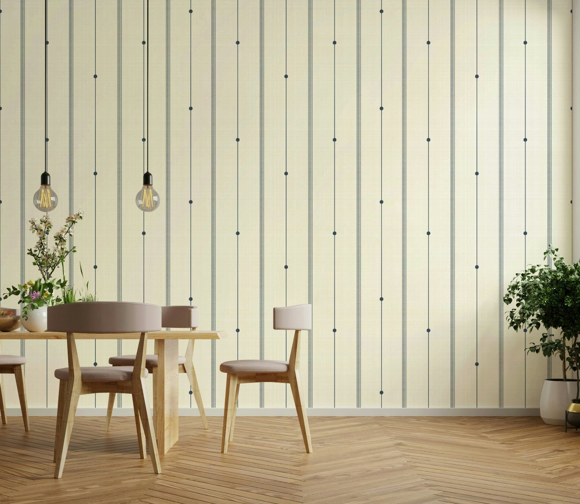 Subtle buttercream and blue stripes in minimalist wallpaper

