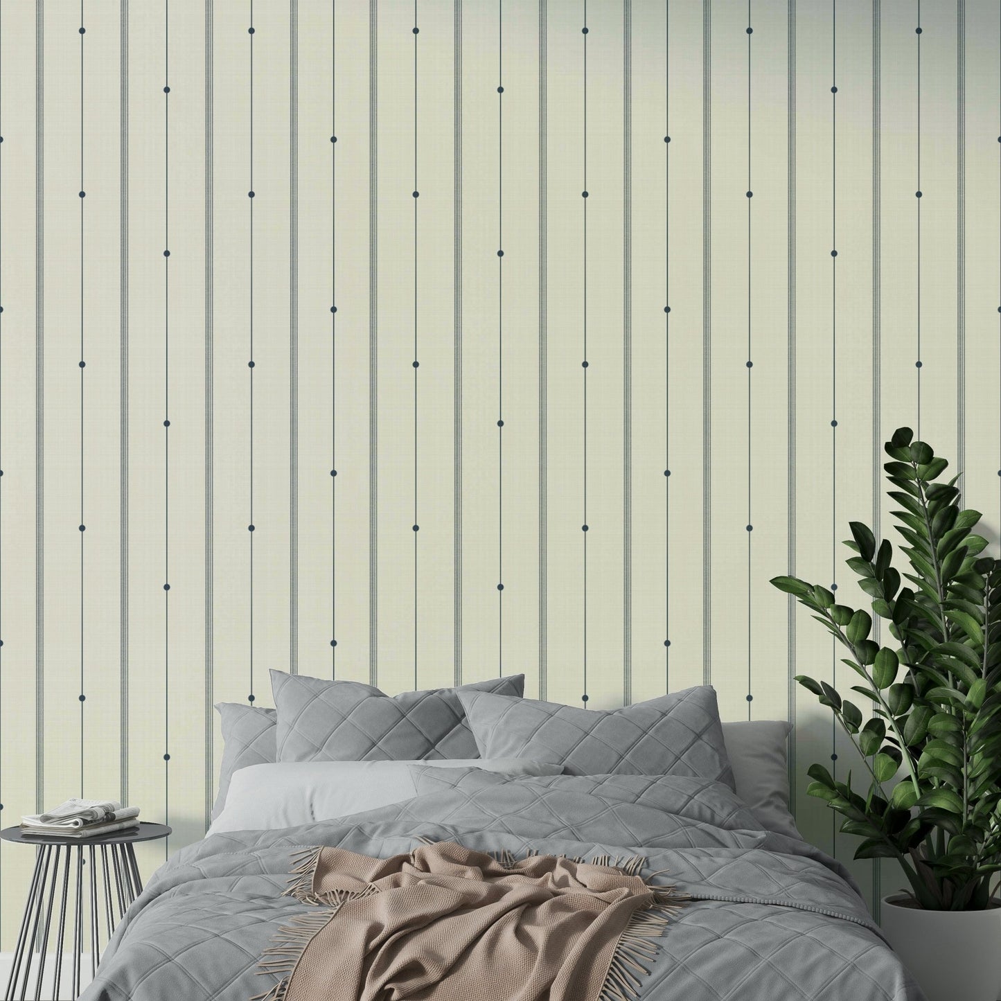 Soft, refined striped wallpaper with buttercream and blue tones

