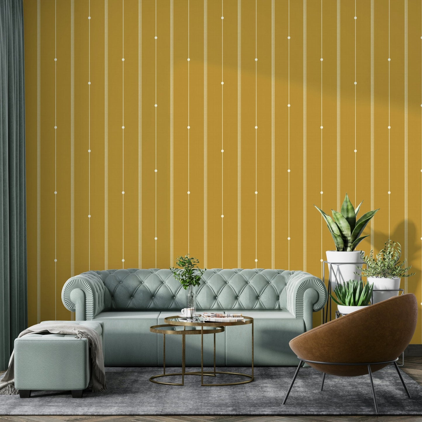 Bold mustard stripes on refined minimalist wallpaper

