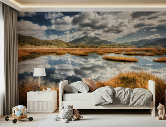 Lake reflection wall mural brightens modern bedroom suite set