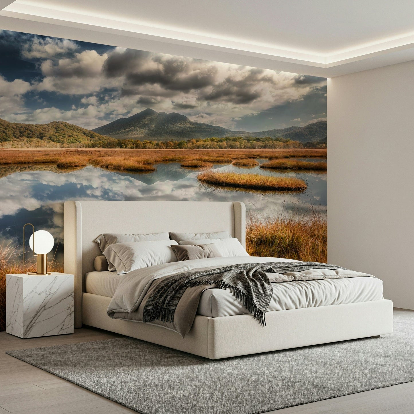 Panoramic lake wall mural enhances cozy living room interior