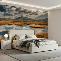 Panoramic lake wall mural enhances cozy living room interior