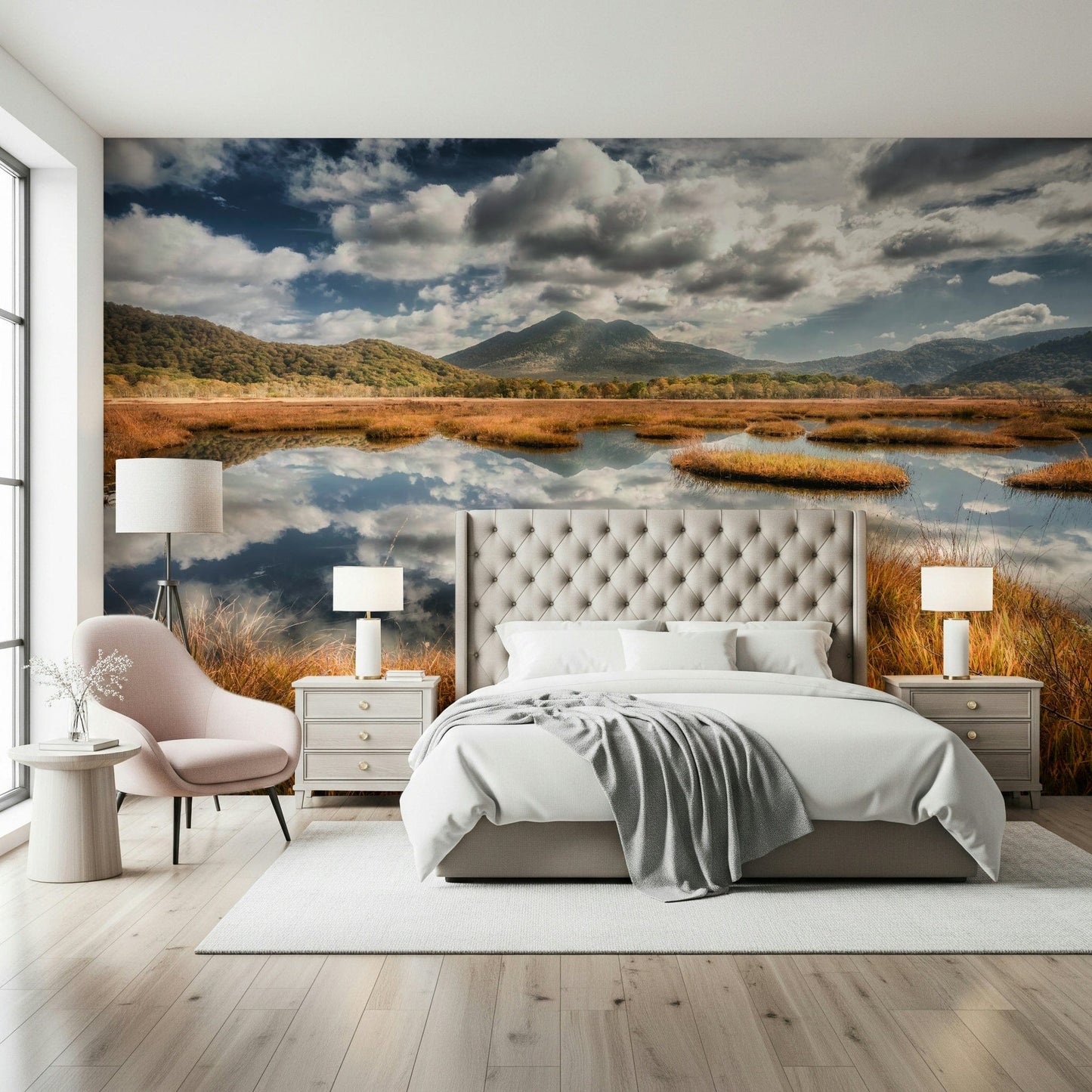 Dramatic sky wall mural enhances luxury bedroom suite decor