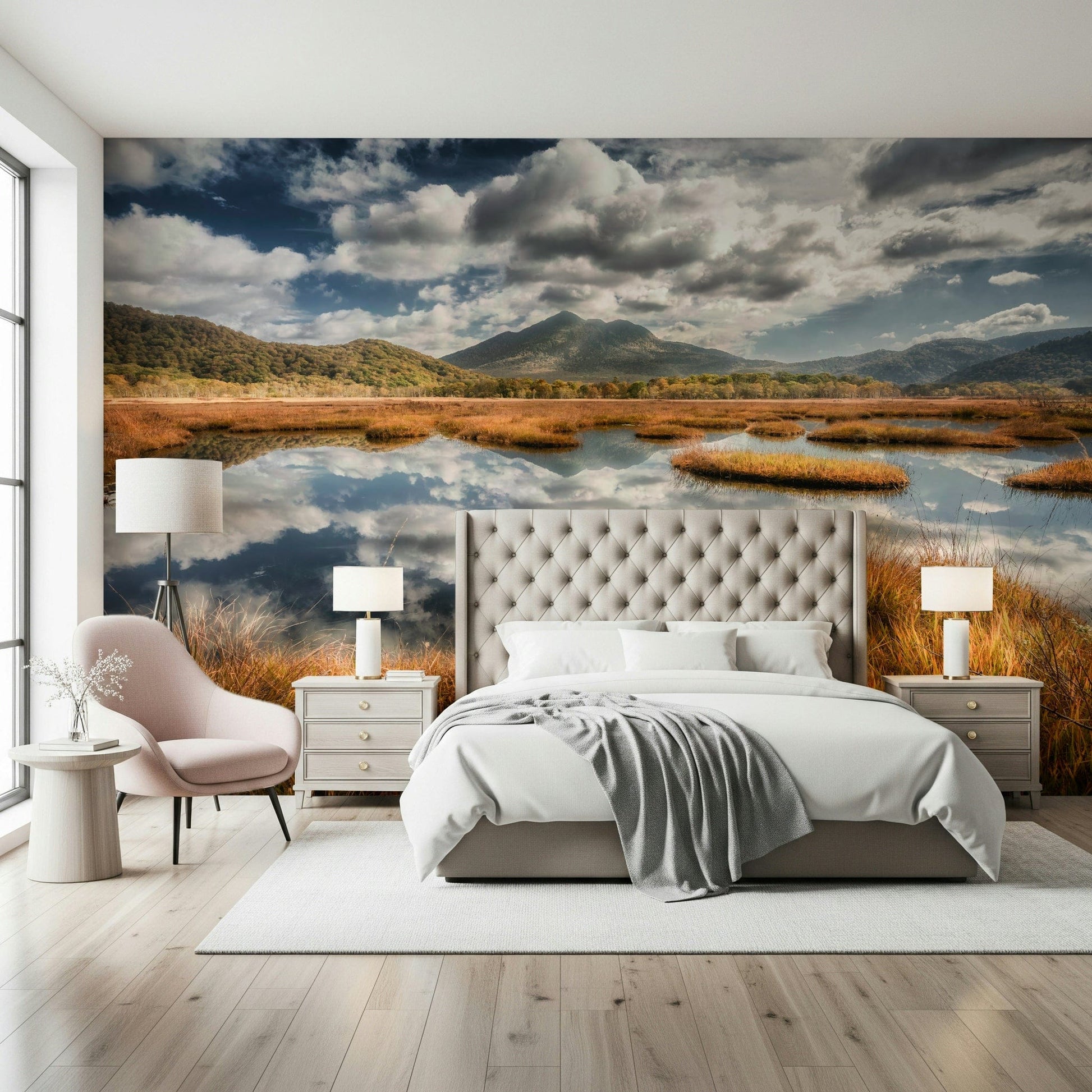 Dramatic sky wall mural enhances luxury bedroom suite decor