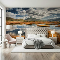 Dramatic sky wall mural enhances luxury bedroom suite decor