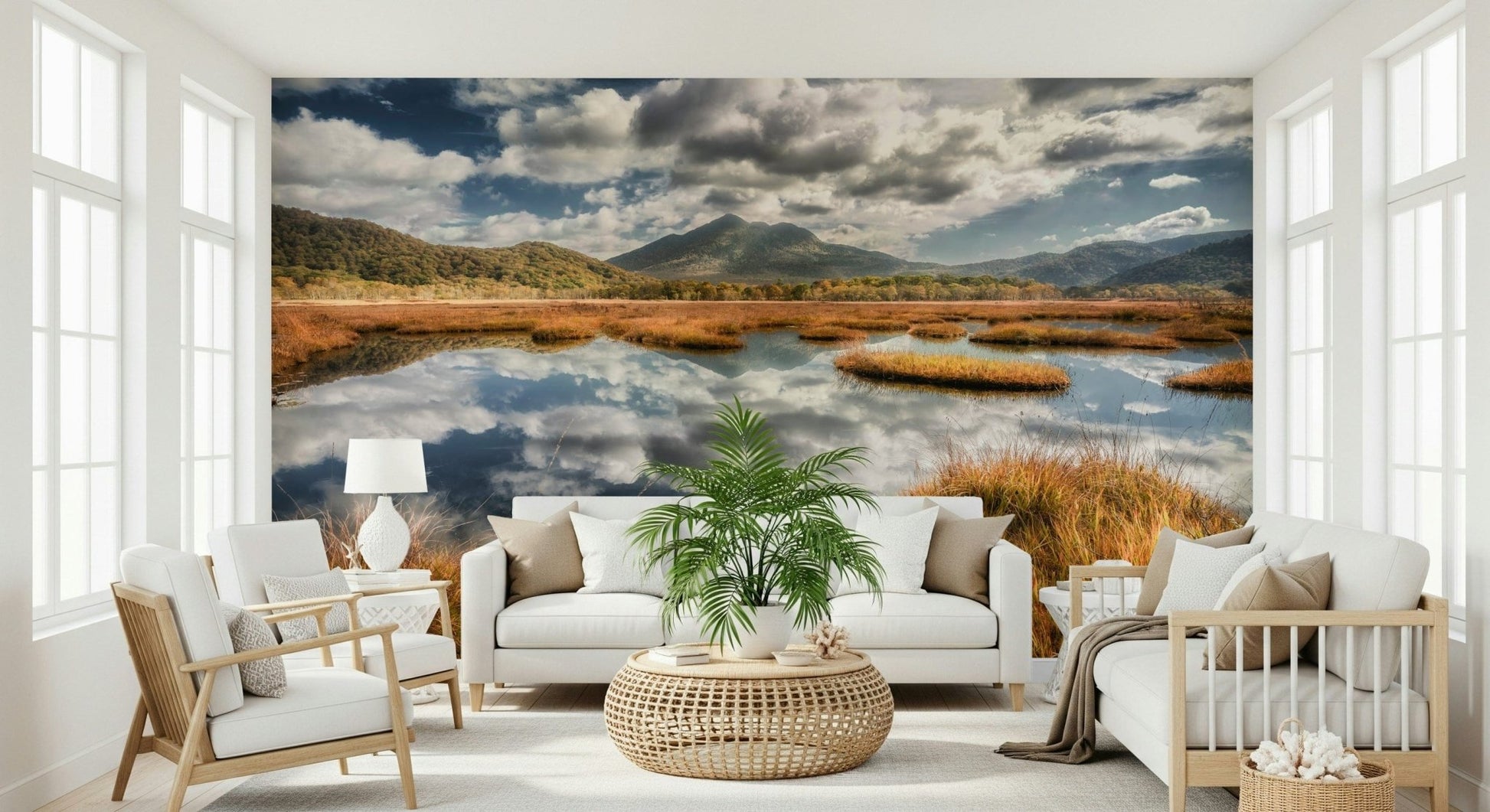 Reflective vista wall mural defines luxe bedroom home design