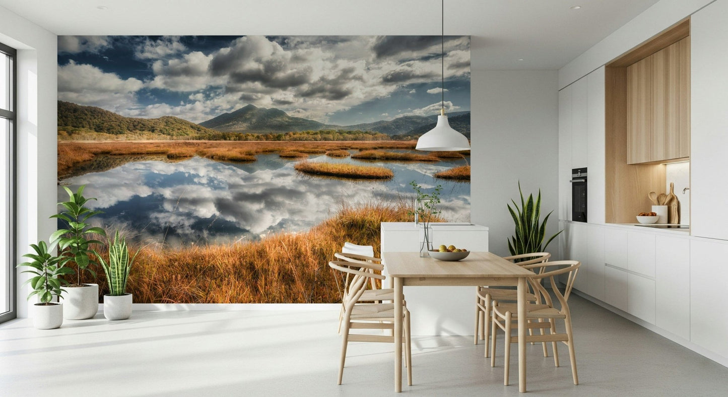 Scenic lake wall mural highlights bright hallway wall design